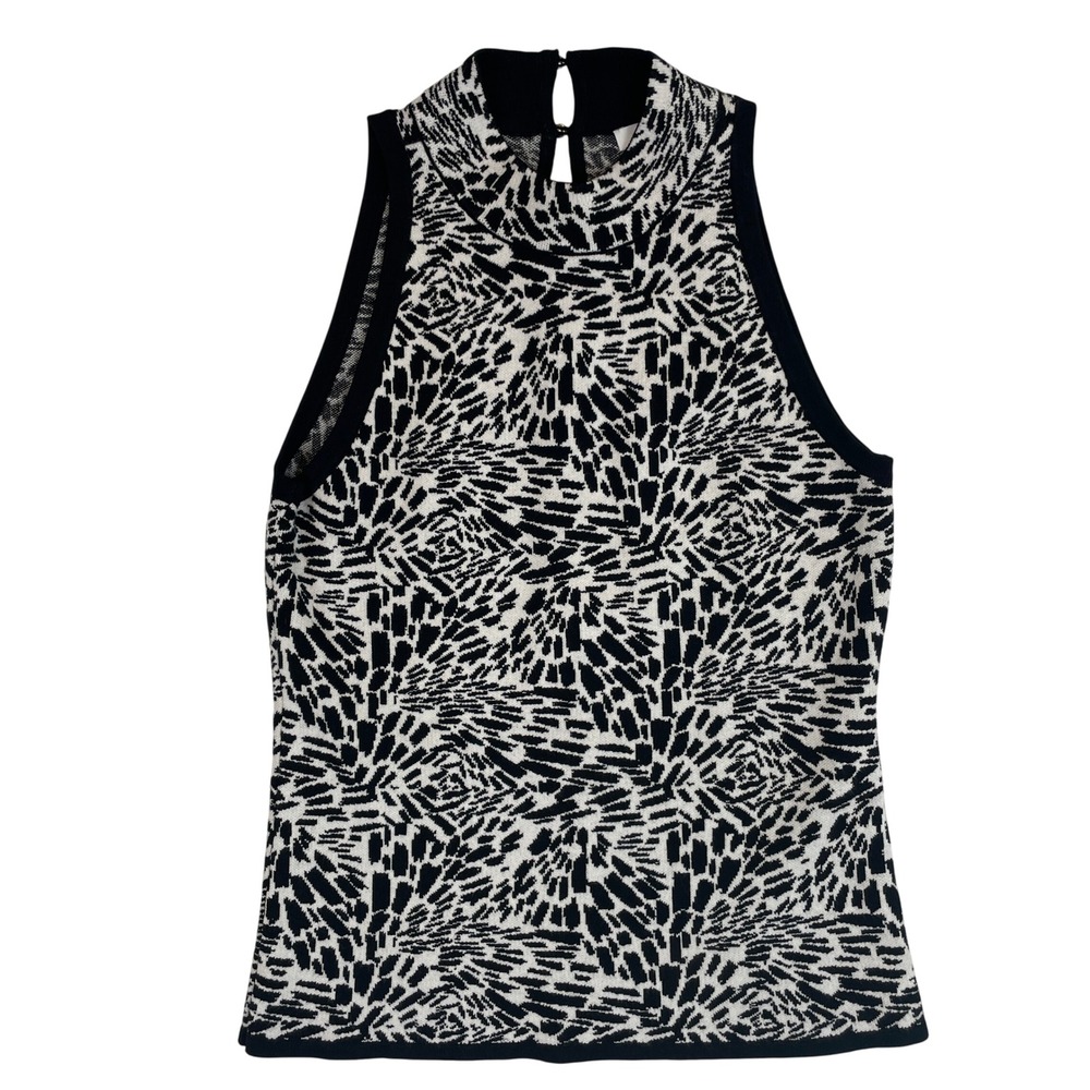 WHBM Mock Neck Sleeveless Top, Black‎ and White Geometric Pattern, Women's M